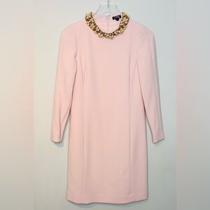 Worth Blush Pastel Pink Beaded Collar Wool Blend Shift Long Sleeve Dress